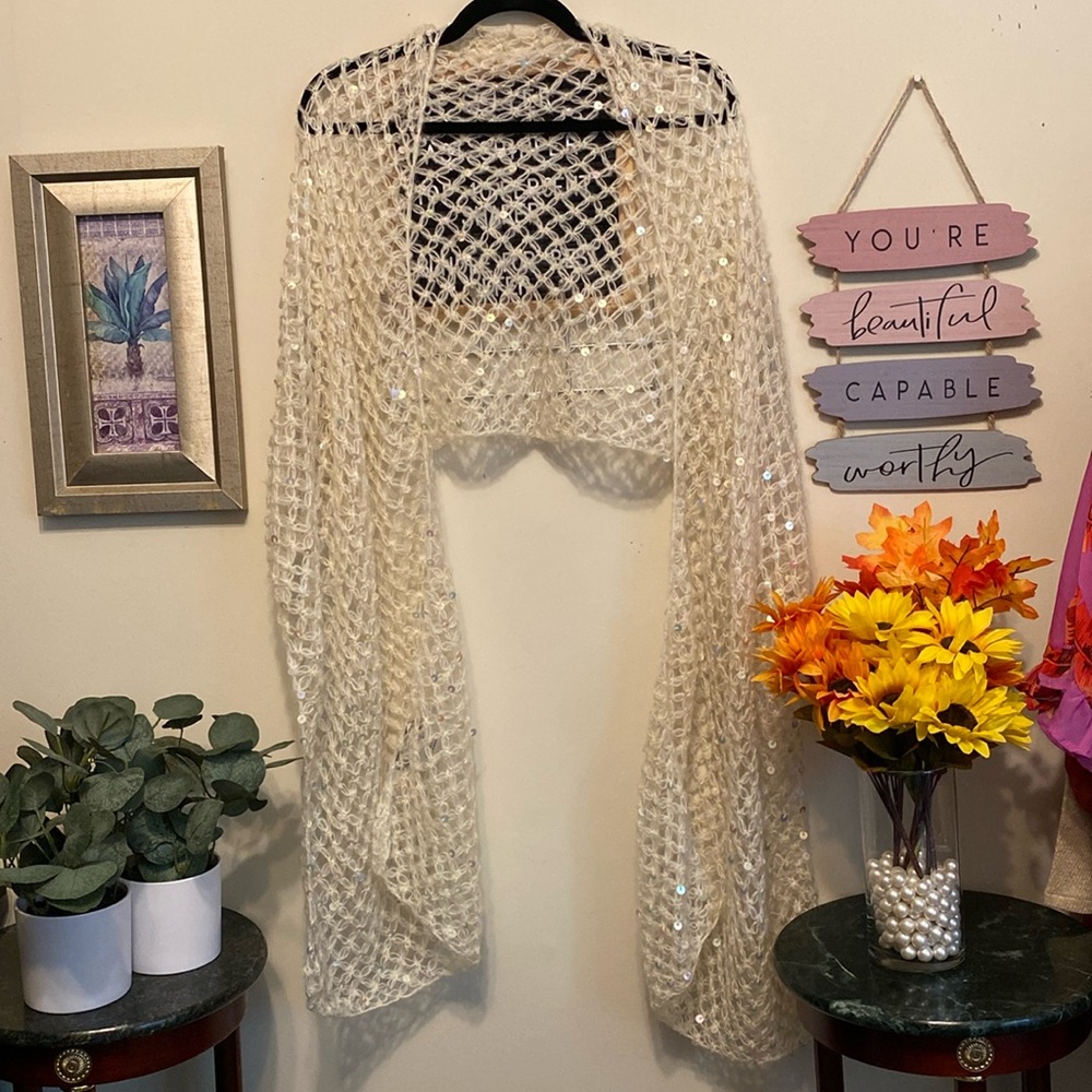 Spiegel Wrapped Sequined Open Knit Scarf Color Cream. Could wear as shawl. OSFA